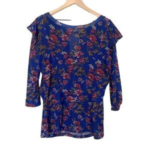 Free People Large Boho Floral 3/4 Sleeve Ruffle Shirt Blue Dock Street